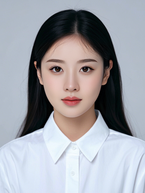 女生，白底证件照，白色衬衣，正面，黑色发型长发，人像居中，韩系证件照，清透淡妆原生感！预览效果