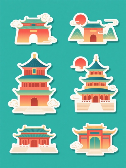 中国风扁平插画风格的冰箱贴素材集合，纯色背景，六个不同配色、不同造型的冰箱贴规整排布，每个冰箱贴都以标志性建筑为主体，采用渐变色彩和简洁流畅的线条，融入传统祥云、远山、红日等元素，整体风格统一且富有层次感，色彩明快和谐，展现出浓厚的中国传统文化韵味与现代设计感的结合。预览效果