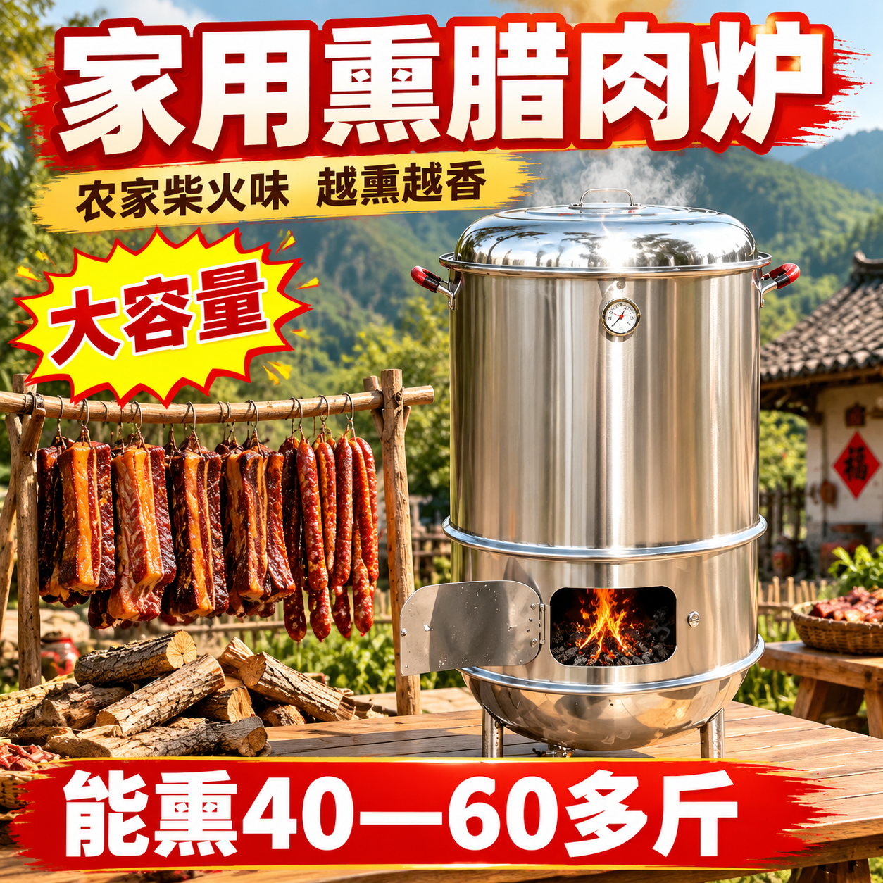 [主图-1] 首图：产品全貌+乡村柴火熏肉氛围，一眼认出是家用… - 图片创意预览