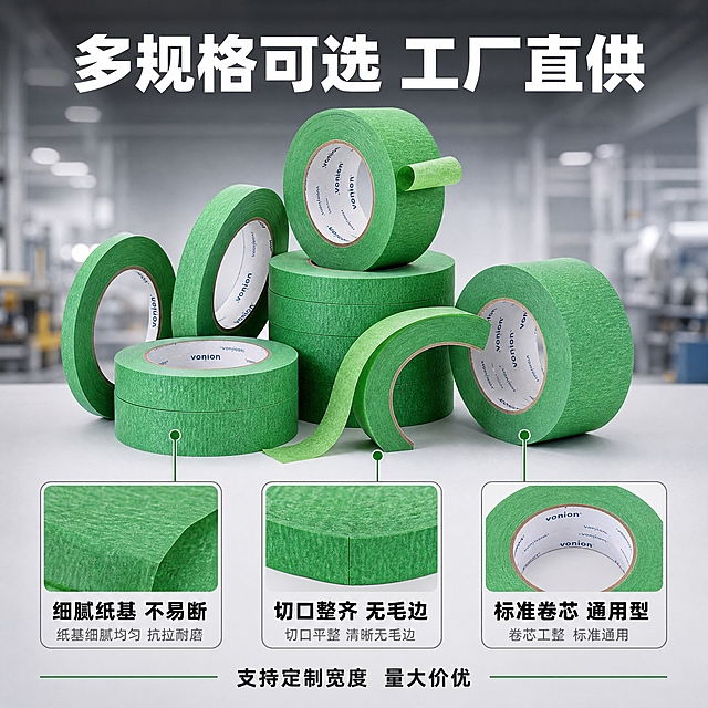 [主图-3] 多规格展示与产品细节，展示胶带宽度规格丰富、纸基材质细腻、卷芯工整，体现工厂供货实力。
[统一基调] 1688工厂源头工业风，背景为浅灰渐变加轻微工厂车间虚化环境，主色为深绿+工业灰，标题字色白色加粗黑体，辅助字色浅灰，强调色亮绿，字体为无衬线粗黑体，字号层级分明，卡片用细灰线边框，整体简洁专业有实力感。
[画面] 画面展示多卷不同宽度的绿色美纹纸胶带，高低错落堆叠摆放，有宽有窄，部分胶带拉出一小段展示纸基纹理，产品外观颜色与输入图一致。主体占比约70%。上方为标题区，下方用引线标注3个细节：纸基纹理、整齐切口、标准卷芯。背景浅灰工业风。
[光影质感] 商业产品摄影质感，主光柔和均匀，胶带堆叠有自然阴影，纸基表面纹理清晰可见，卷芯内侧标签细节清楚。
[配色] 背景浅灰渐变，产品绿色为主，标题白色，引线和标注文字深灰。
[文字版式] 上方大标题「多规格可选 工厂直供」，下方三个细节标注「细腻纸基 不易断」「切口整齐 无毛边」「标准卷芯 通用型」。底部小字「支持定制宽度 量大价优」。字体统一粗黑体。
[输出要求] 1:1正方形，产品清晰不变形，细节标注清楚，文字清晰可读，无水印无平台Logo，负向：变形、错字、模糊、杂乱、水印、悬浮