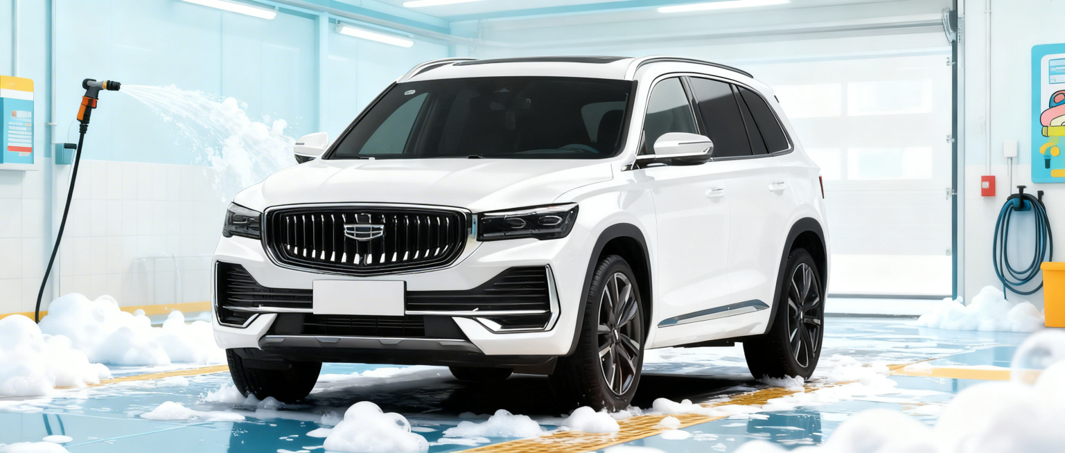 生成公众号首图，主体是这辆白色吉利汽车，背景为明亮整洁的洗车店场景，有泡沫、水枪元素，整体风格清爽活泼，突出洗车服务主题，画面上方预留标题位置，适合公众号首图使用预览效果