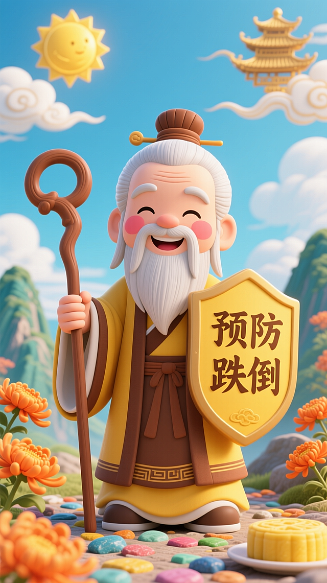 仙风道骨的老寿星手持“预防跌倒”盾牌，周围环绕菊花、祥云、远山、重阳糕元素，画面下方清晰显示“开展活动的科室：江苏省省级机关医院七病区，时间：15：00-17：00，地点：病区示教室”，主标题“稳住幸福，快乐重阳”，口号“用心守护每一步”，整体构图布局合理，元素分布均衡，色彩鲜明