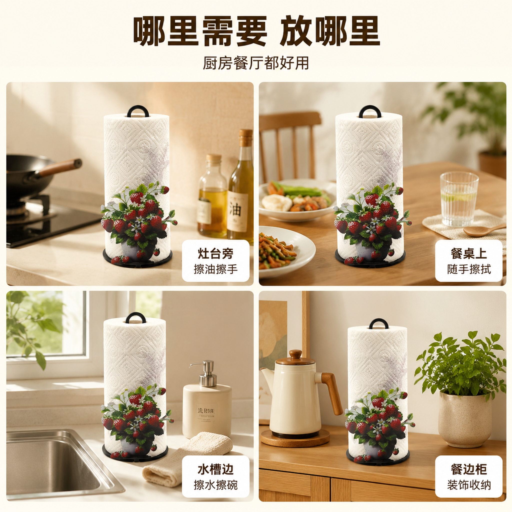 [主图-4] 厨房纸巾架多场景宫格图，展示厨房与餐厅多种使用场… - 图片创意预览