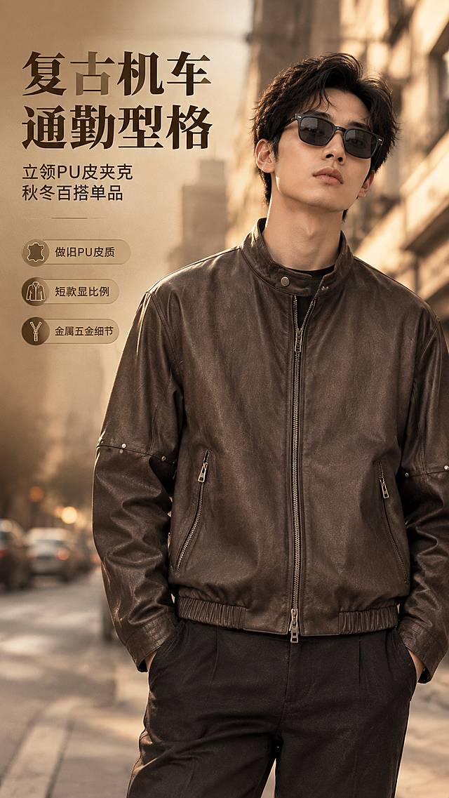[商品] 使用【图1】深棕色立领PU皮夹克；商品处理：保留立领、前中拉链、两侧拉链口袋、袖部铆钉装饰、松紧下摆、整体版型和深棕PU皮颜色；自然去除衣身杂乱褶皱，理顺垂坠，增强皮纹肌理、拉链金属光泽、铆钉质感和缝线清晰度，不改变版型结构和颜色。
[画面] 目标：首张风格海报，突出复古都市皮衣的高级质感与穿搭氛围。构图：左文右图，右侧为亚洲男模特穿着皮衣的都市街拍半身大片，模特自然站立，姿态松弛有画报感，皮衣正面完整展示；左侧留白放标题。主体占画面65%，前景为街道虚化光影，中景模特与皮衣，后景为城市建筑暖调虚化。
[视觉] 套系策略：风格=复古都市高级商业摄影；标题字=现代衬线粗体；正文字=简洁无衬线体；主色=深棕暖咖；背景延展=基于深棕暖咖做深浅层级、同色渐变和细腻皮革/纸张质感；强调色=古铜金，仅用于小面积图标、引线和标签；标题色=深炭棕；正文色=中暖棕；组件=圆角浅棕信息卡、细线引线；光影=右前侧暖柔光，带复古胶片色调。
[文字] 左上主标题「复古机车 通勤型格」，副标题「立领PU皮夹克 秋冬百搭单品」，3个短卖点：做旧PU皮质 / 短款显比例 / 金属五金细节；文字不遮挡皮衣主体和模特脸部。
[规格] 图片比例9:16竖版，4K分辨率，medium质量，避免变形、错字、文字过小、冷蓝背景、皮衣颜色改变、版型失真、极限词。