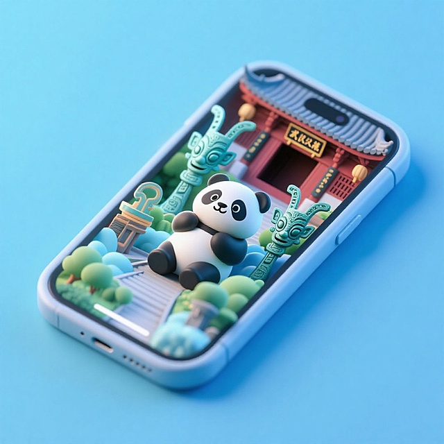 软3D风微缩艺术，萌趣熊猫坐于中式庭院，搭配青铜面具与古建筑，可爱卡通感十足，展现东方文化韵味。