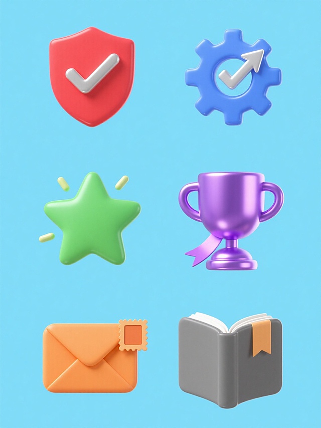 6个不同颜色的3D立体图标系列，每个图标都具有光滑圆润的金属质感，高光和阴影过渡自然柔和，采用纯色背景，图标元素分别为：红色盾牌带对勾、蓝色齿轮带箭头、绿色星星带光芒、紫色奖杯带丝带、橙色信封带邮票、灰色书本带书签，所有图标规整排布成两行三列，保持统一的设计风格和视觉语言。