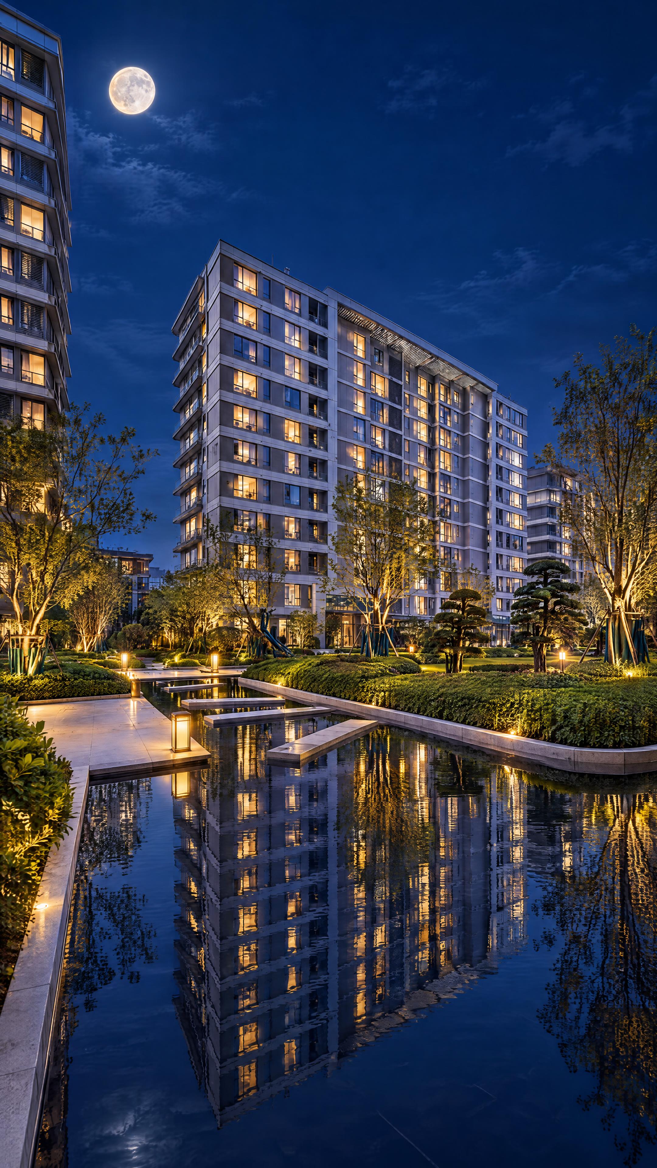 将这张住宅小区白天照片改为夜景效果，保留所有建筑外观细节、楼栋… - 图片创意预览