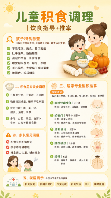 制作一张竖版育儿科普海报，包含全部文案内容：
儿童积食调理｜饮食指导+推拿
孩子积食自查 出现以下多种表现，说明孩子积食、脾胃运化变差：
✅ 不爱吃饭、挑食、胃口变差
✅ 肚子胀气、鼓鼓硬硬
✅ 晨起预览效果