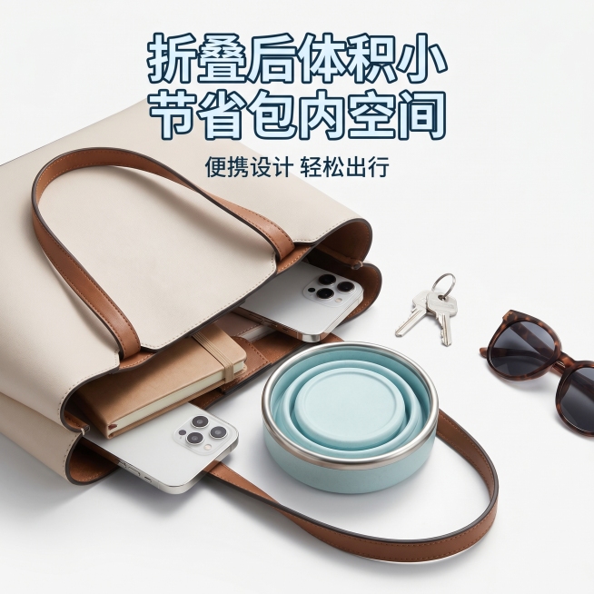 天猫1:1主图，展示折叠后浅蓝色水杯和盖子，突出"折叠后体积小 节省包内空间"卖点，白底干净背景，电商主图设计，突出便携优势，分辨率2K预览效果