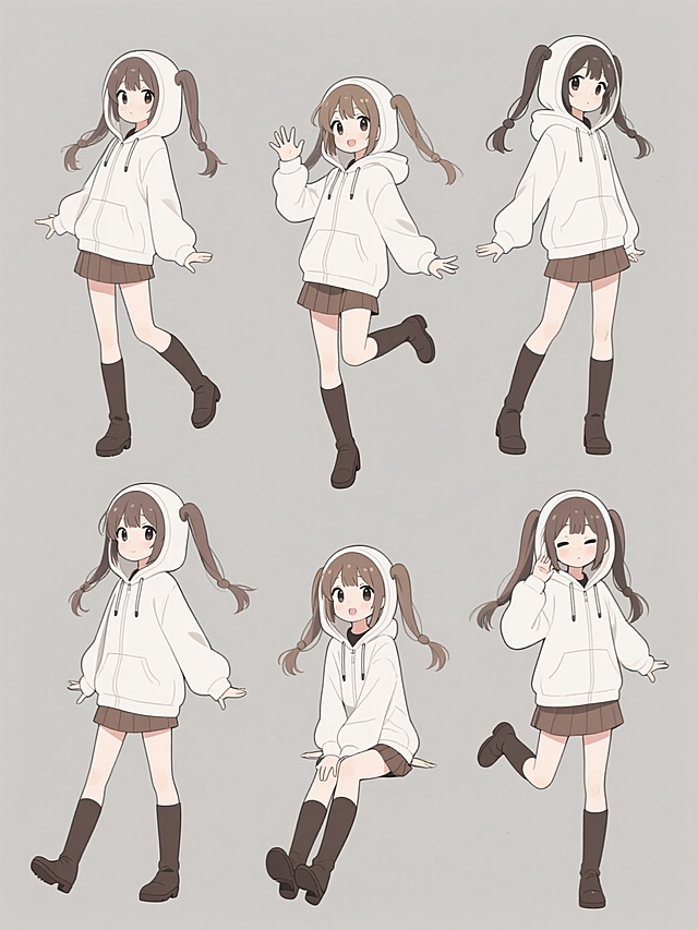 一系列六个不同造型的同元素动漫风格少女角色集合，规整排布在纯色背景上，保持原有的日式动漫线稿风格，柔和的灰色调背景，少女们穿着白色连帽外套、棕色短裙和长靴，展现出六种完全不同的动态姿势，包括站立、跳跃、挥手、坐姿等，每个角色都有双马尾发型，面部表情生动，线条流畅自然，整体构图平衡有序，呈现出统一的动漫角色设计感和动态表现力。
