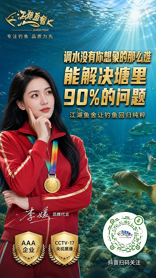 朋友圈竖版海报，9:16，大气高端商业质感。左上角江湖鱼舍金色logo+小字"专注钓鱼 品质为先"。画面左侧是女性代言人李媛，穿红色运动服，佩戴奖牌，黑色侧分长发，单手托腮思考状，智慧眼神，面容精致。右侧大标题三行金色立体字：第一行"调水没有你想象的那么难"，第二行"能解决塘里"，第三行"90%的问题"。标题下方金色小字副标题："江湖鱼舍让钓鱼回归纯粹"。人物下方手写体签名"李媛 品牌代言"。底部左右两个金色盾牌徽章：左"AAA企业"、右"CCTV-17央视展播"。右下角圆形抖音二维码（白底绿色码点，中心有江湖鱼舍小logo，参考第二张图的二维码样式），下方小字"抖音扫码关注"。背景：清澈见底的鱼塘水下视角，水质通透，鱼群悠游，阳光穿透水面，干净清爽。整体青蓝金配色，清澈通透感。二维码必须清晰完整。