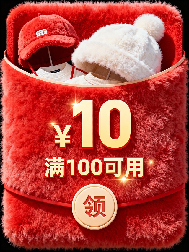 毛绒风格，一个红色竖长方形扁平造型毛绒红包，里面露出童装、帽子，中心为“¥10”米黄色大字，米黄色小字“满100可用”；红包下方一个圆形米色按钮“领”。色彩明快（红+白）。