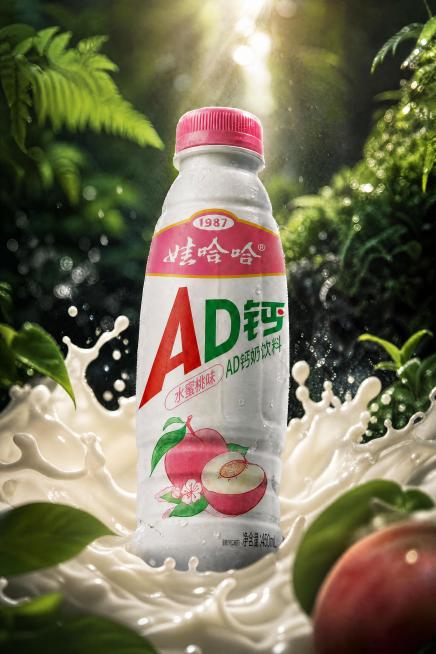 保持图片中哇哈哈AD钙水蜜桃味产品和绿色绿植背景不变，将背景中的水替换为牛奶，保持原有的光影效果、斑驳光影和梦幻感，保留产品上的水珠，整体风格一致，8K高清，细节生动，视觉冲击力强预览效果