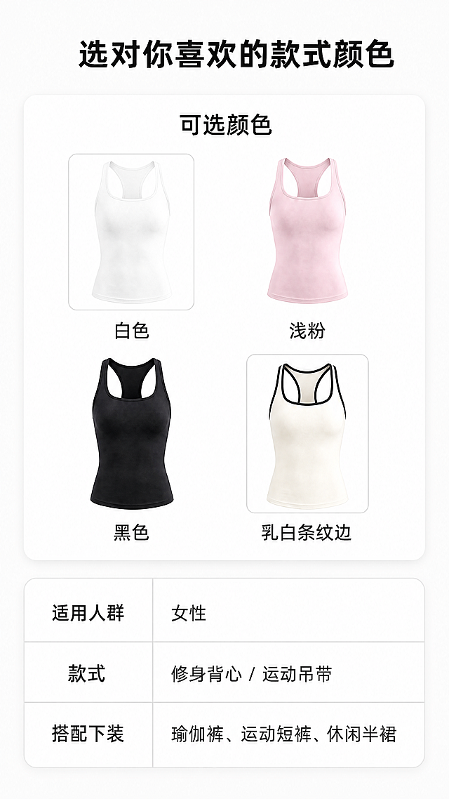 [第7屏] 规格参数信息，完整展示颜色款式搭配信息。本屏使用产品图作为颜色参考，保持颜色与原图一致。
[氛围/风格] 简约信息卡风，干净清晰，参数信息一目了然，方便用户选择。
[元素布局] 顶部主标题占12%，中间颜色展示区占40%，下方规格信息区占40%。颜色区展示四个颜色选项，每个颜色放小面积产品色块+名称，排列整齐。下方规格参数使用表格形式呈现，清晰易读。整体留白适中，信息排布有序。
[光影质感] 均匀干净布光，信息卡片带轻微阴影增加层次感，文字清晰不模糊。
[配色色系] 全局底色：#f8f8f8（浅灰白）；颜色块使用产品对应白色、浅粉、黑色、乳白，参数卡片白色背景，文字深灰#333333。
[视角构图] 从上到下排版，先颜色展示，再规格参数，信息层级清晰。
[文字版式] 顶部主标题 "选对你喜欢的款式颜色"，黑色加粗；颜色区域标题 "可选颜色"，下方依次排列：白色、浅粉、黑色、乳白条纹边，每个颜色配对应色块；规格参数区域依次列出：适用人群、款式、搭配下装，文字清晰对齐，手机端可读。
[比例分辨率] 9:16竖版比例，4K分辨率，文字清晰。
[负向提示词] 颜色错误，表格错乱，文字模糊，排版拥挤，水印