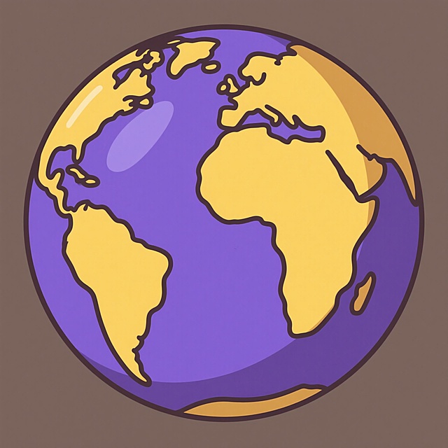 一个卡通风格的地球图标，采用简洁圆润的线条绘制，表面有概括性的大陆轮廓和海洋区域，整体呈现出扁平化设计特点，带有轻微的体积感表现，地球主体配色改为深紫色的海洋与亮黄色的大陆，背景为纯色，色彩过渡平滑均匀，无渐变和复杂光影效果，保持图标原有的简洁可爱风格。