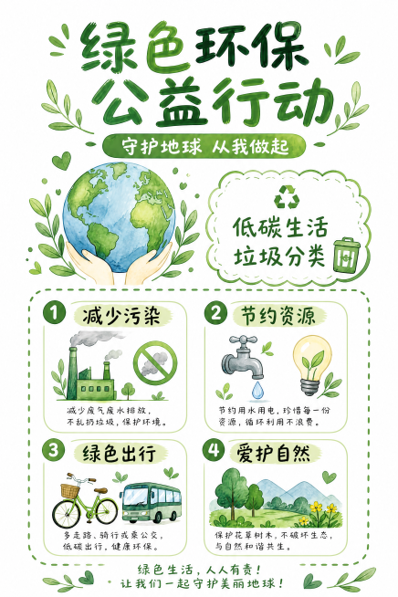 将现有的公益环保海报尺寸调整为210*297mm对应比例，保留所有文案、插画内容和手绘水彩绿色风格不变，文字依然保持清晰可读，整体排版适配新尺寸预览效果