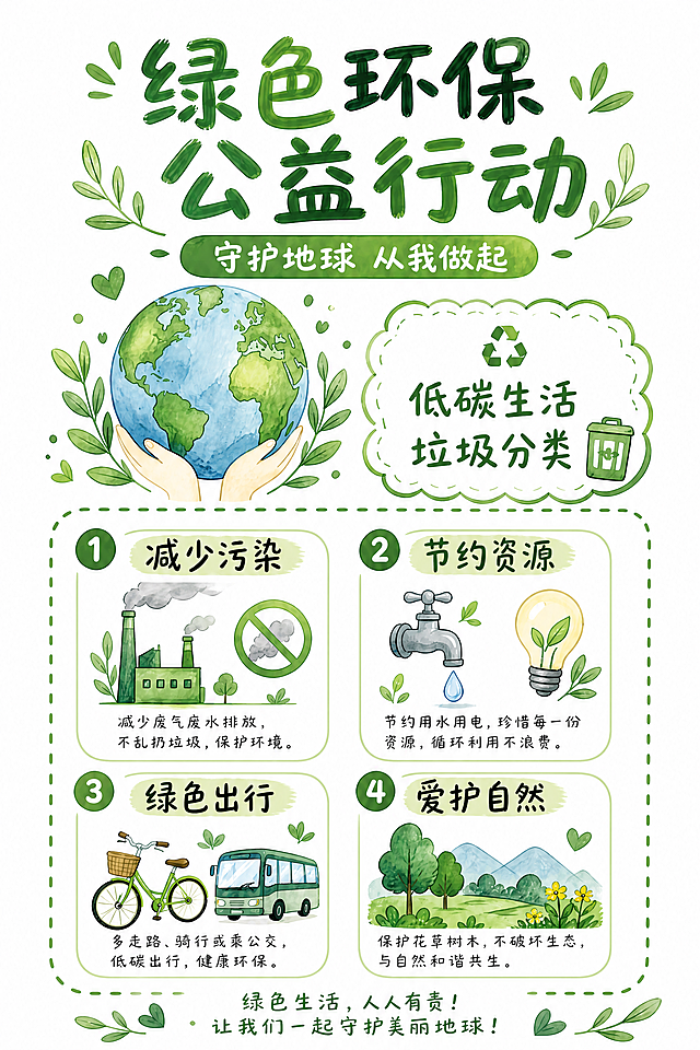 将现有的公益环保海报尺寸调整为210*297mm对应比例，保留所有文案、插画内容和手绘水彩绿色风格不变，文字依然保持清晰可读，整体排版适配新尺寸