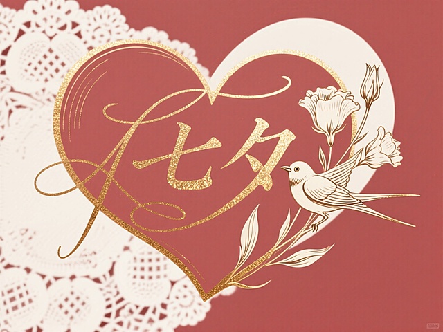 浪漫中式插画风，鎏金大字“七夕”，心形与花鸟点缀，尽显节日温馨。