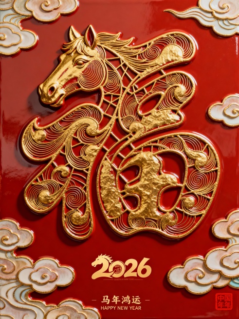 马年海报，传统祥云纹和新年元素图形设计 抽象纯金色的马头与金色“福”字巧妙融合，抽象草书，新颖夸张构图，大写意，采用细腻的曲线相互交织，构建出富有层次感的立体图案。背景是精美的祥云纹，主图案与底纹有明预览效果