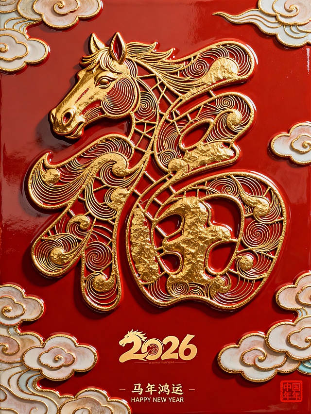 马年海报，传统祥云纹和新年元素图形设计 抽象纯金色的马头与金色“福”字巧妙融合，抽象草书，新颖夸张构图，大写意，采用细腻的曲线相互交织，构建出富有层次感的立体图案。背景是精美的祥云纹，主图案与底纹有明显区分，纯平面设计，其蜿蜒曲折的线条不仅增添了视觉上的丰富性，还蕴含着生生不息、繁荣昌盛的美好寓意。徽章占整体版面合理构图。优雅与庄重的氛围，红色纸质背景，主图案下方艺术字''2026"与奔马图案结合组成logo形式。画面下方有小字装饰性排版：“马年鸿运”、右下角红色印章“中国年”、“HAPPY NEW YEAR” ，意境留白，极具艺术特色，极简主义，大师作品。