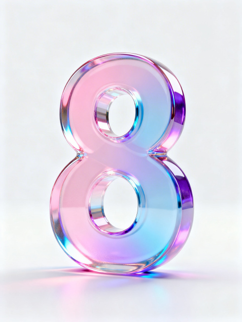 3D渲染的彩虹玻璃质感数字"8"，直立在白色背景上，柔和的反光效果，散发着柔和的彩色光芒，包含粉色、蓝色、紫色，表面光滑有光泽，写实光照，最小主义美学，优雅且现代的外观预览效果