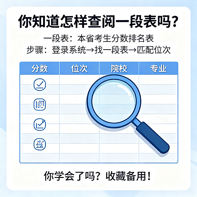 高考志愿填报科普图，1:1正方形，浅蓝白色实用指导风格，字体用无衬线体，背景是简化一段表表格，列有分数、位次、院校、专业栏目，表格上方放置放大镜图标，表格旁标注三个步骤图标：1登录省考试院系统，2找到一段表栏目，3查看位次对应院校，顶部大标题文字"你知道怎样查阅一段表吗？"，下方小字"一段表：本省考生分数排名表" "步骤：登录系统→找一段表→匹配位次"，底部小字提问"你学会了吗？收藏备用！"，整体统一浅蓝加白色色系，清晰实用适合朋友圈传播