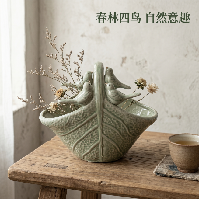 [主图 3] 树叶小鸟陶瓷提篮客厅场景展示
[氛围风格] 侘寂风，自然质朴客厅氛围
[画质] 商业摄影质感，光线柔和通透，产品清晰真实，画面干净高级
[元素] 完整展示树叶提篮整体造型，放置在侘寂风客预览效果