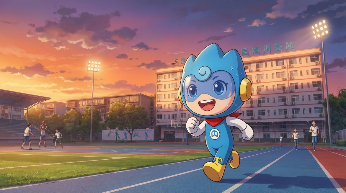 蓝色吉祥物在运动场上奔跑，身穿运动服，汗珠微现但面带笑容，背景为日落或黄昏天空，橙紫色渐变，体育场灯光初亮，远处有其他同学在活动，动态感强，日本动漫风格，新海诚风格，背景细节丰富，色彩鲜艳，线条干净，预览效果