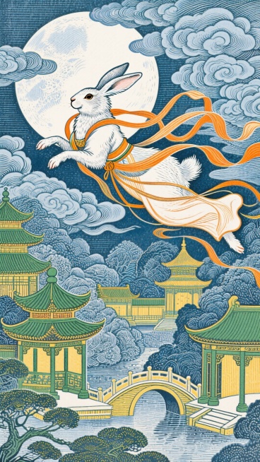 绿黄蓝关系，暖橙色点缀，一只玉兔（穿着嫦娥的服饰）呈飞天姿势，巨大的明月从浓厚的云层中露出来， 兔子奔月，底部是中秋月宫仙境，亭台楼阁，虹桥连接，雕刻精美，高清画质预览效果