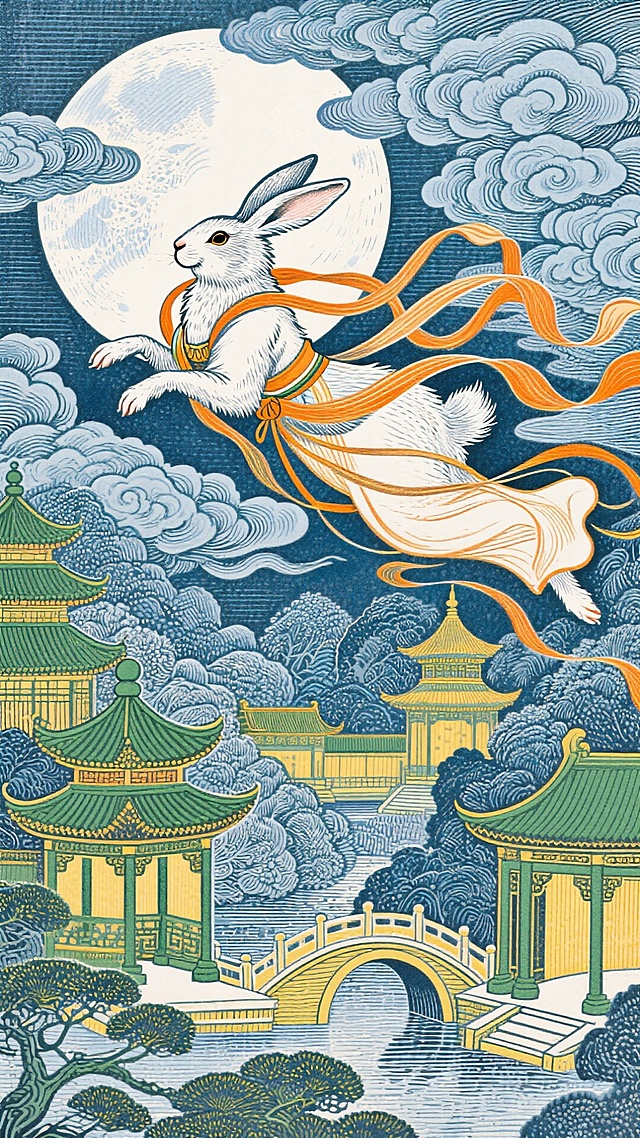 满月清辉下，白兔携彩绸于云端跃动，下方古建楼阁、石桥隐于云雾，似从月宫奔赴人间，满是中秋神话的浪漫遐想。
