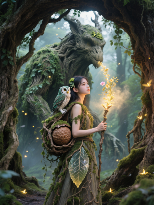 一位与自然共生的精灵德鲁伊，身披藤蔓、苔藓和巨大透明叶片编织的长裙，手上拿着发光的权杖，背负一个由巨大坚果壳和缠绕根须制成的行囊。站在一棵古老巨树虬结根须形成的天然拱廊下。背景是一头由活化橡木构成、缠预览效果