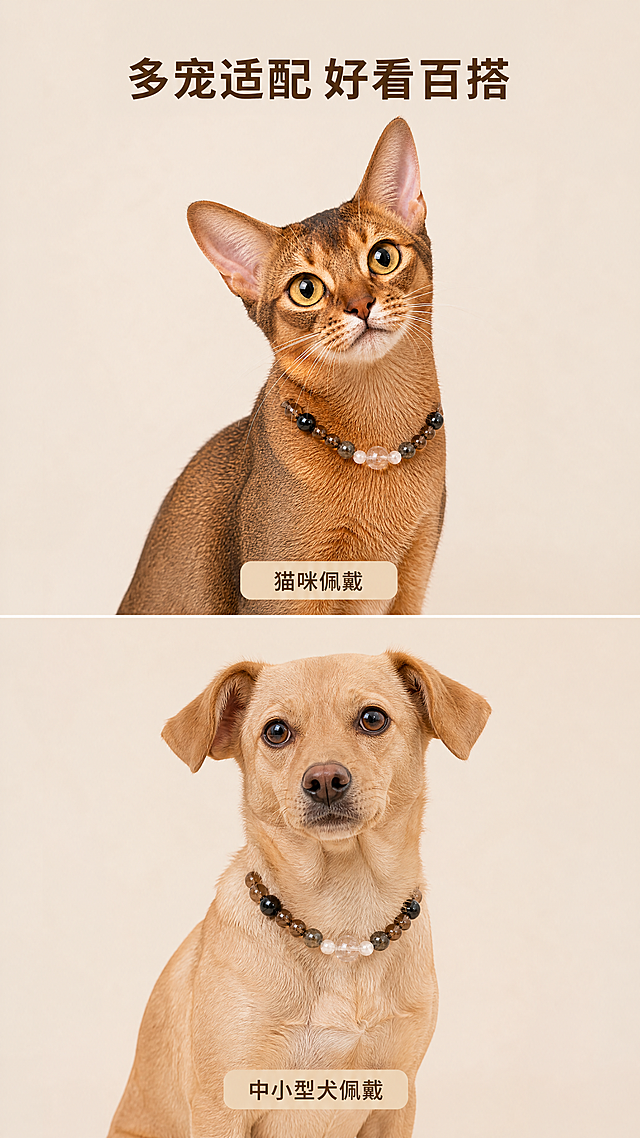 [第7屏] 多场景佩戴展示，左侧猫咪佩戴效果+右侧小型犬佩戴效果分屏展示。本屏使用【图1】作为猫咪佩戴参考，保持项圈结构颜色一致。
[氛围/风格] 简约拼接场景，温馨自然生活感，高级商业摄影，风格统一。
[元素布局] 画面做上下分屏，上半部分展示猫咪佩戴，下半部分展示类似坐姿小型犬佩戴同款项圈。保持项圈珠子排列、颜色、结构在两个场景中一致；背景统一为浅米色，场景干净不抢主体，突出佩戴效果。
[光影质感] 整体光线均匀明亮，宠物毛发自然，项圈水晶通透，每个场景光影一致，明暗清晰。
[配色色系] 全局底色：#F5F0E8（浅奶咖）；主体配色：宠物毛发+项圈水晶牛皮；文字深棕。
[视角构图] 分屏构图，每个场景都是中景展示，主体清晰，适合多场景对比。
[文字版式] 顶部主标题「多宠适配 好看百搭」，居中深棕色加粗；分屏场景下方分别标注「猫咪佩戴」「中小型犬佩戴」，小字浅棕底深字。
[比例分辨率] 9:16竖版比例，4K分辨率，文字清晰可辨，超高清。
[负向提示词] 宠物变形，项圈结构错误，颜色不一致，分屏错乱，文字模糊，水印。