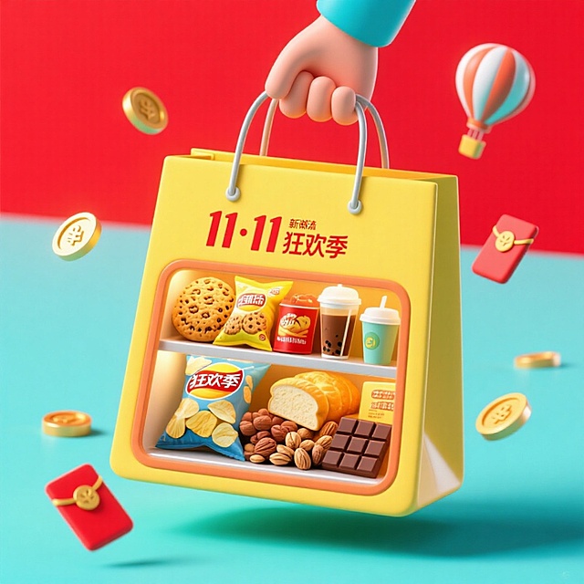 画面主视觉是一只手提着巨型黄色购物袋。购物袋内部设计成双层橱窗形式，展示着薯片、饼干、奶茶、面包、坚果、巧克力等零食。袋子上印着“11·11 狂欢季”，周围环绕着金币、红包、热气球等元素。电商红色背景。