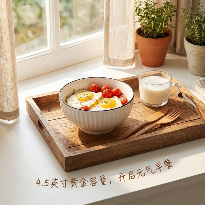 这是一只陶瓷碗，其名称为山田竖纹圆碗，碗口直径为4.5英寸。我给你提供了一张白底图，请根据我的白底图，帮我绘制5张不同角度的场景图。每张场景图比例为1：1，内容是将这只碗与不同的日常生活场景结合，并配预览效果
