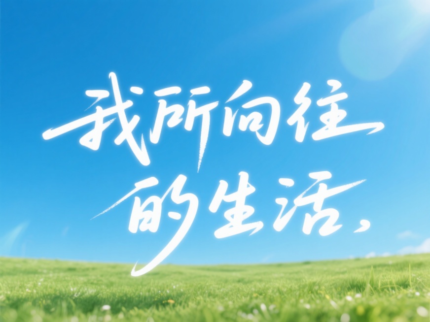 蓝天一望无际的绿草地背景，白字，“我所向往的生活”, 钢笔字，文艺手写字体，两行字，连笔，笔画灵动活跃。预览效果