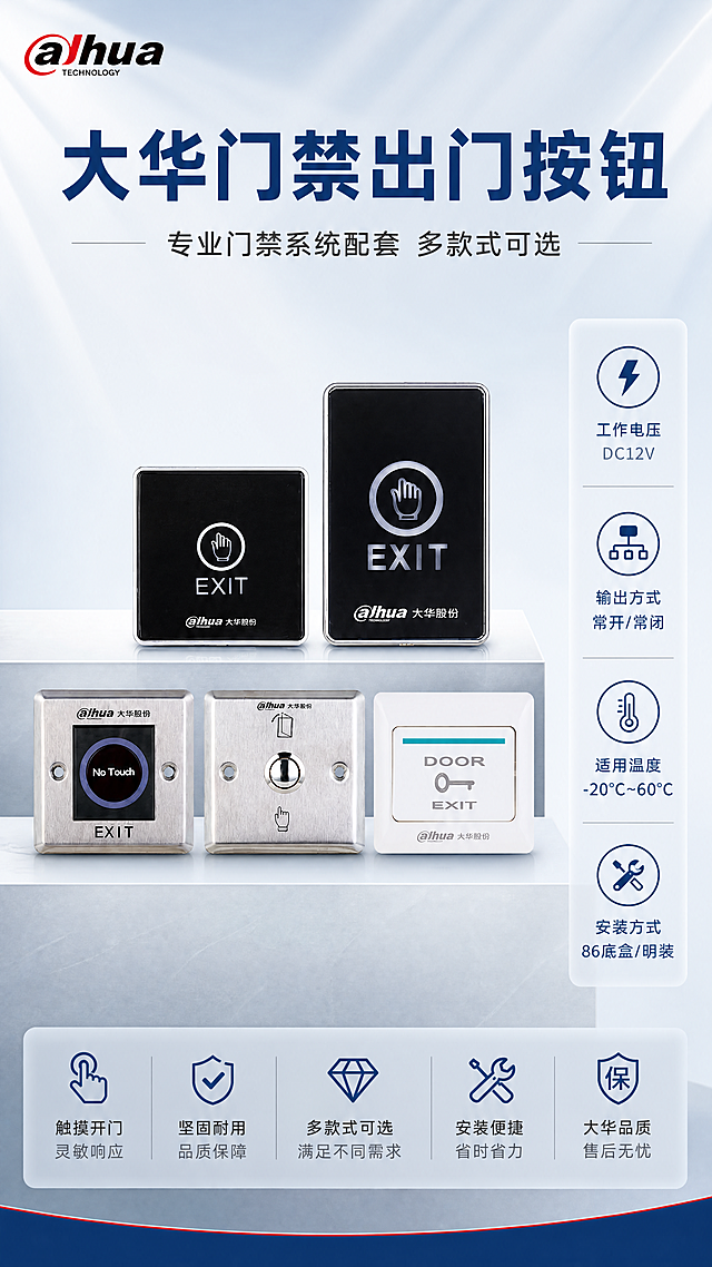 [第1张] 详情页头图主视觉——大华门禁出门按钮全家福矩阵宣传海报。本张使用【图1】作为全部5款产品的主体来源。
[氛围/风格] 报警行业专业大气风格，柔和棚拍光感，商业摄影质感，排版克制高级。
[元素布局] 画面中上部展示5款门禁出门按钮产品矩阵（上排2款黑色触摸款、下排3款金属+白色款），产品外观、颜色、结构、材质、LOGO位置与输入图完全一致，不得扭曲变形；产品占画面约55%；左上角放置彩色大华LOGO；右侧竖排参数信息栏；底部浅灰色台面承托。
[光影质感] 上方柔和棚拍主光，左右两侧辅光提亮产品边缘，底部自然投影，整体明亮通透，金属质感清晰。
[配色色系] 全局底色 #E8EEF5（浅灰蓝渐变）；主色 #1A3A6B（深蓝，报警行业色）；辅助色 #C0C8D0（银灰）、#FFFFFF（白色）；点缀色 #D4282D（红色警示色，少量）。
[视角构图] 正面平视，产品为视觉中心，阅读动线：左上LOGO → 顶部大标题 → 中部产品矩阵 → 右侧参数栏 → 底部信息。
[文字版式] 顶部大标题「大华门禁出门按钮」，加粗黑体大字，深蓝色，优先凸显；副标题「专业门禁系统配套 多款式可选」；右侧参数信息栏竖排：「工作电压：DC12V」「输出方式：常开/常闭」「适用温度：-20℃~60℃」「安装方式：86底盒/明装」；左上角彩色大华品牌LOGO；文字清晰可读，不遮挡产品主体。
[比例分辨率] 9:16 竖版比例，4K分辨率，文字清晰可辨，高清画质。
[负向提示词] 产品变形扭曲，缺件错件，颜色偏差，LOGO模糊，水印，文字错乱，产品图模糊，背景杂乱，深色纯黑背景，过于花哨彩色。