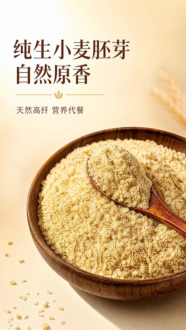 小麦胚芽电商详情页首屏海报，使用提供的高清产品图，原木碗盛放金黄小麦胚芽，简约高端暖调光影，大标题写着"纯生小麦胚芽 自然原香"，副标题"天然高纤 营养代餐"，整体高清真实，高端简约不带包装