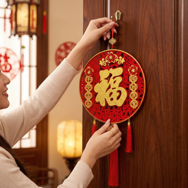 制作这个新年挂饰的电商主图，一个女生拿着它往房门上挂预览效果