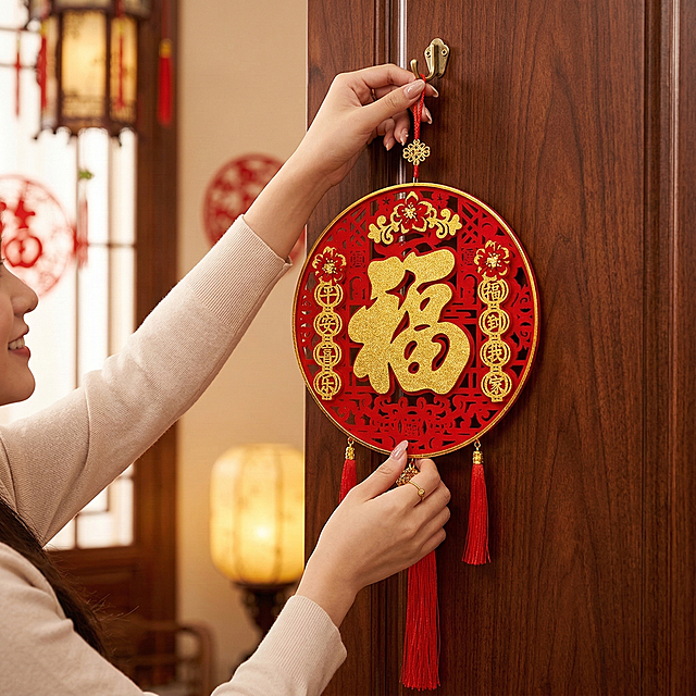 制作这个新年挂饰的电商主图，一个女生拿着它往房门上挂