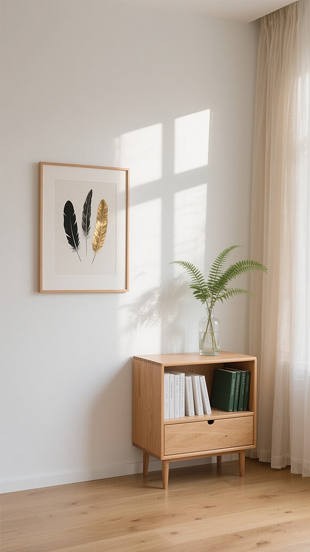 极简主义风格的居家室内场景，原木色木地板搭配纯净的白色墙面，柔和的自然光透过窗户在墙上投射出清晰的十字形光影，温暖而宁静。画面左侧是半透明的米色纱帘，垂坠感十足。墙边立着一幅装饰画，画框为浅色木质，内有几根黑色和金色的羽毛图案。右侧是一个浅木色的小型书架，上层放置着一个透明玻璃花瓶，里面插着几枝绿色蕨类植物，下层书架上整齐排列着几本白色和深绿色封面的书籍，底部有一个带小抽屉的储物空间。整体色调以原木色、白色和米色为主，营造出简约、自然、舒适的居家氛围，光影层次丰富，质感细腻，构图采用三分法，视觉焦点清晰，信息传达简洁高效，符合现代简约家居设计的审美。
