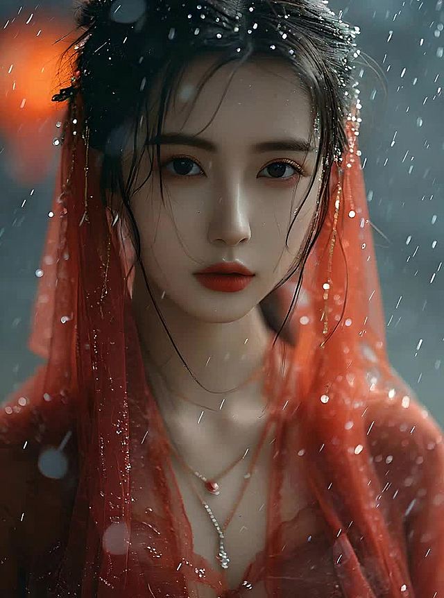 中式古典美人，红纱轻覆，雪落如诗。3D重拟物风，光影交织，朦胧梦幻，尽显奢华浪漫。