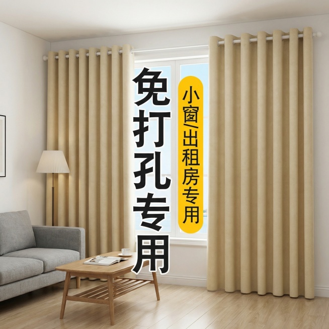 保留这款米白色免打孔窗帘的面料材质，将场景切换为简约整洁的出租屋客厅，摆放基础实用家具，无杂乱物品，调整窗帘展示角度，保留“免打孔专用 小窗/出租房专用”文字，风格简单朴素预览效果