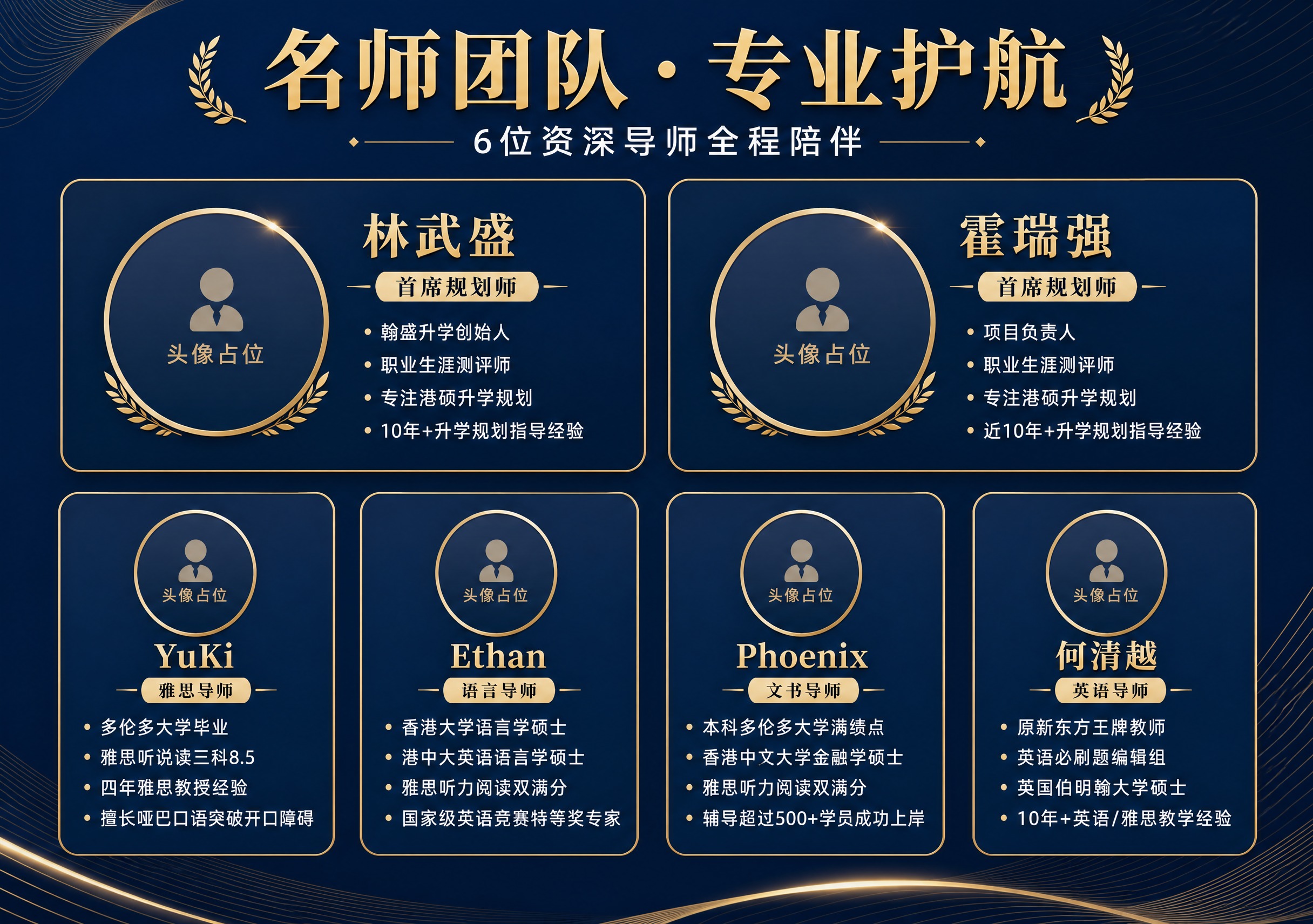 深蓝金商务风三折页内页-名师团队，A4横版。深藏青渐变底色，米… - 图片创意预览