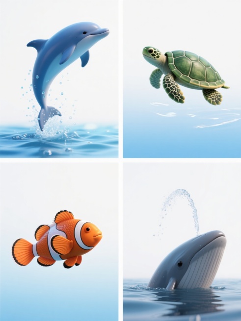 系列海洋动物插画，保持与原图一致的3D写实风格，主色调为蓝色渐变，光影明亮柔和，带有水珠飞溅的细节质感，纯白纯色背景，规整的2x2网格排布。左上角为跃出水面的蓝色海豚，身体呈优美弧线，周围有细小水珠；右上角为缓慢游动的绿色海龟，背甲纹理清晰，四肢划水姿态自然；左下角为侧身摆尾的橙色小丑鱼，鱼鳞闪烁光泽，鱼鳍舒展；右下角为喷水换气的灰色鲸鱼，头部露出水面，水柱向上喷射，整体画面和谐统一，每个动物……预览效果