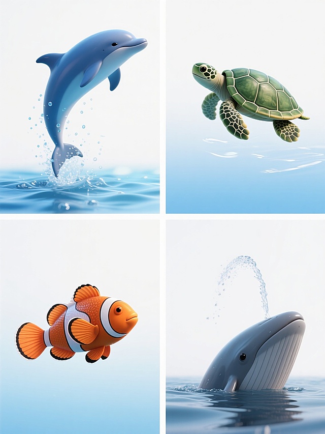 系列海洋动物插画，保持与原图一致的3D写实风格，主色调为蓝色渐变，光影明亮柔和，带有水珠飞溅的细节质感，纯白纯色背景，规整的2x2网格排布。左上角为跃出水面的蓝色海豚，身体呈优美弧线，周围有细小水珠；右上角为缓慢游动的绿色海龟，背甲纹理清晰，四肢划水姿态自然；左下角为侧身摆尾的橙色小丑鱼，鱼鳞闪烁光泽，鱼鳍舒展；右下角为喷水换气的灰色鲸鱼，头部露出水面，水柱向上喷射，整体画面和谐统一，每个动物形象独立完整，符合海洋动物类目，视觉层级分明，信息传达清晰。