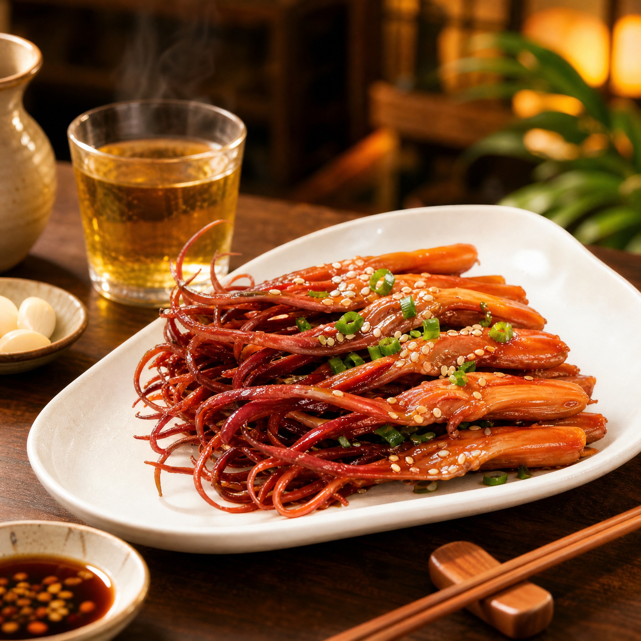 [主图-5] 生鲜鸭舌餐桌享用场景图，成品摆盘与食用场景，营造… - 图片创意预览