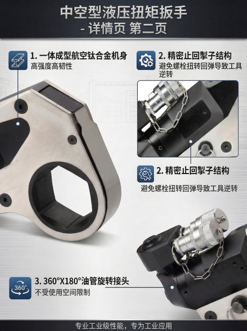 中空型液压扭矩扳手详情页第二页，介绍三个特性：1. 一体成型航空钛合金机身，高强度高韧性；2. 精密止回掣子结构，避免螺栓扭转回弹导致工具逆转；3. 360°X180°油管旋转接头，不受使用空间限制。预览效果