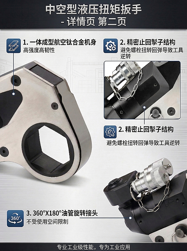 中空型液压扭矩扳手详情页第二页，介绍三个特性：1. 一体成型航空钛合金机身，高强度高韧性；2. 精密止回掣子结构，避免螺栓扭转回弹导致工具逆转；3. 360°X180°油管旋转接头，不受使用空间限制。保留原图产品细节图、布局和风格不变，所有文字翻译成中文