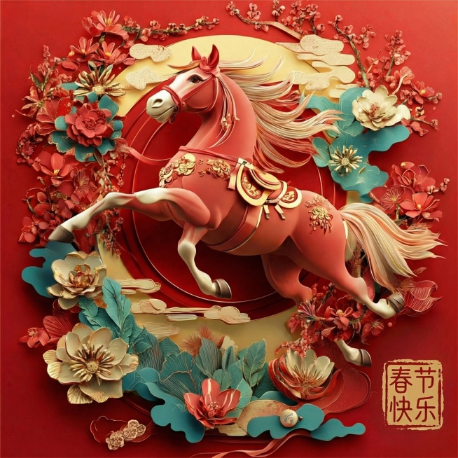 将图片右下角的文字改为印章篆刻风格的“春节快乐”，采用传统红色篆书印章形式，带边框，竖排布局，融入原图中国风剪纸场景中，保持整体色调与构图协调预览效果