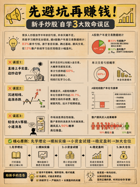 插画手绘风格，牛皮纸背景，黄色标题栏，黄色图标，表格清晰，信息密度高，版式精美。

主标题："先避坑再赚钱！新手炒股自学3大致命误区"

核心正文：
很多人炒股自学半年依旧亏损，并非天赋不足，而是学习预览效果